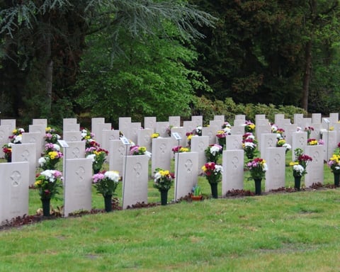 Flowers placed on Soviet war graves at the Soviet Field of Glory cemetery in Leusden Netherlands