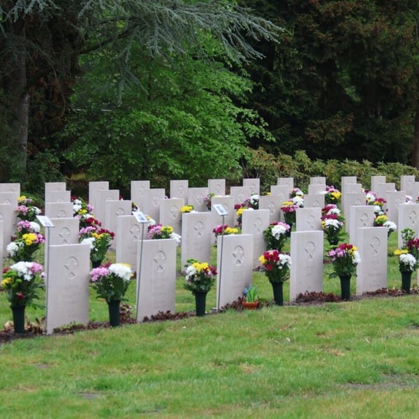 Flowers placed on Soviet war graves at the Soviet Field of Glory cemetery in Leusden Netherlands