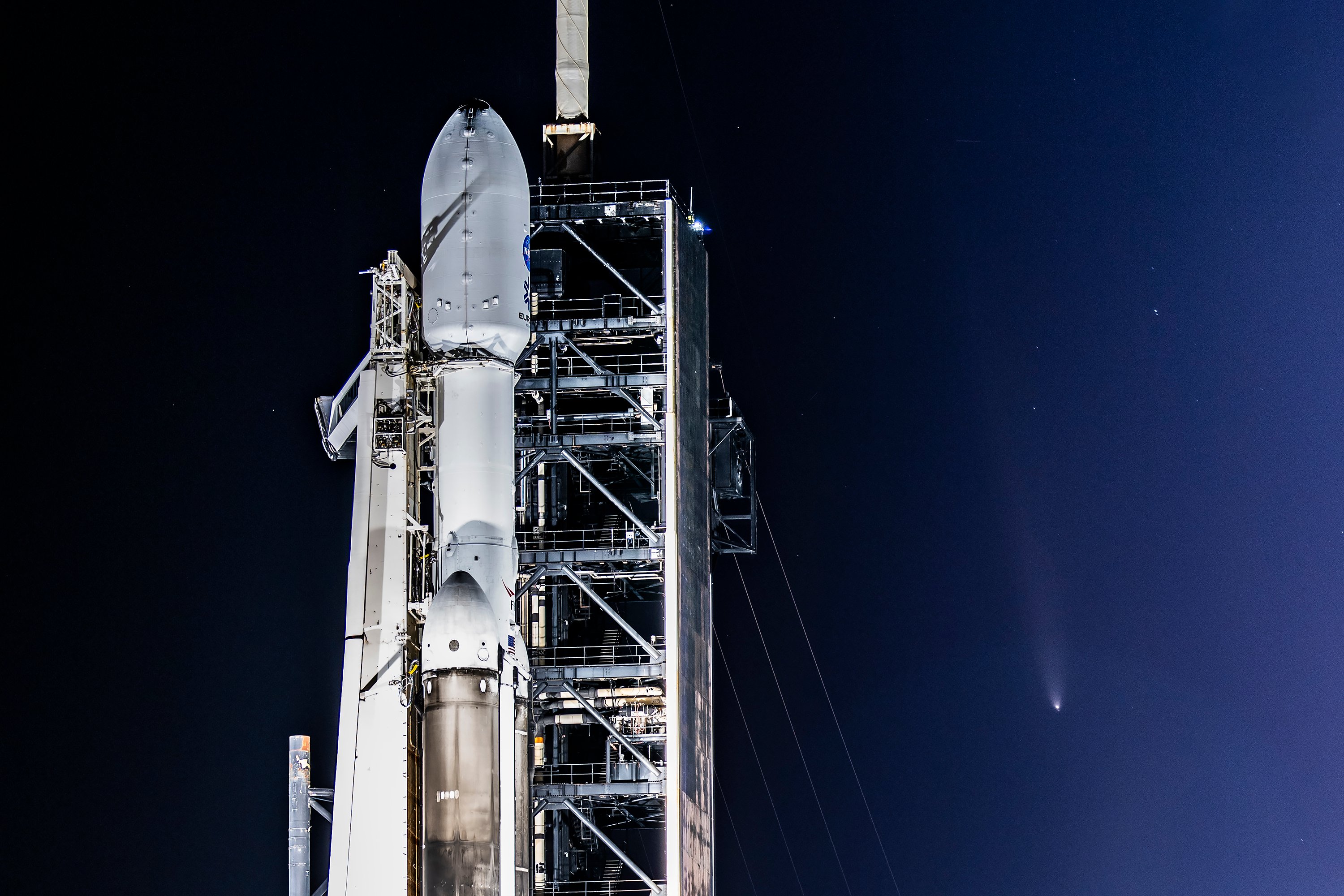 SpaceX Falcon Heavy rocket carrying NASA Europa Clipper spacecraft at Launch Complex 39A Kennedy Space Center Florida October 2024