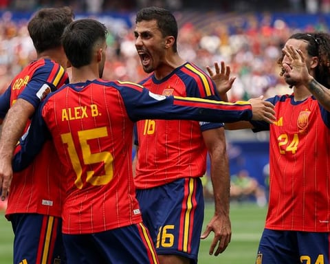 Mikel Oyarzabal celebrates scoring for Spain against Austria at the 2026 World Cup