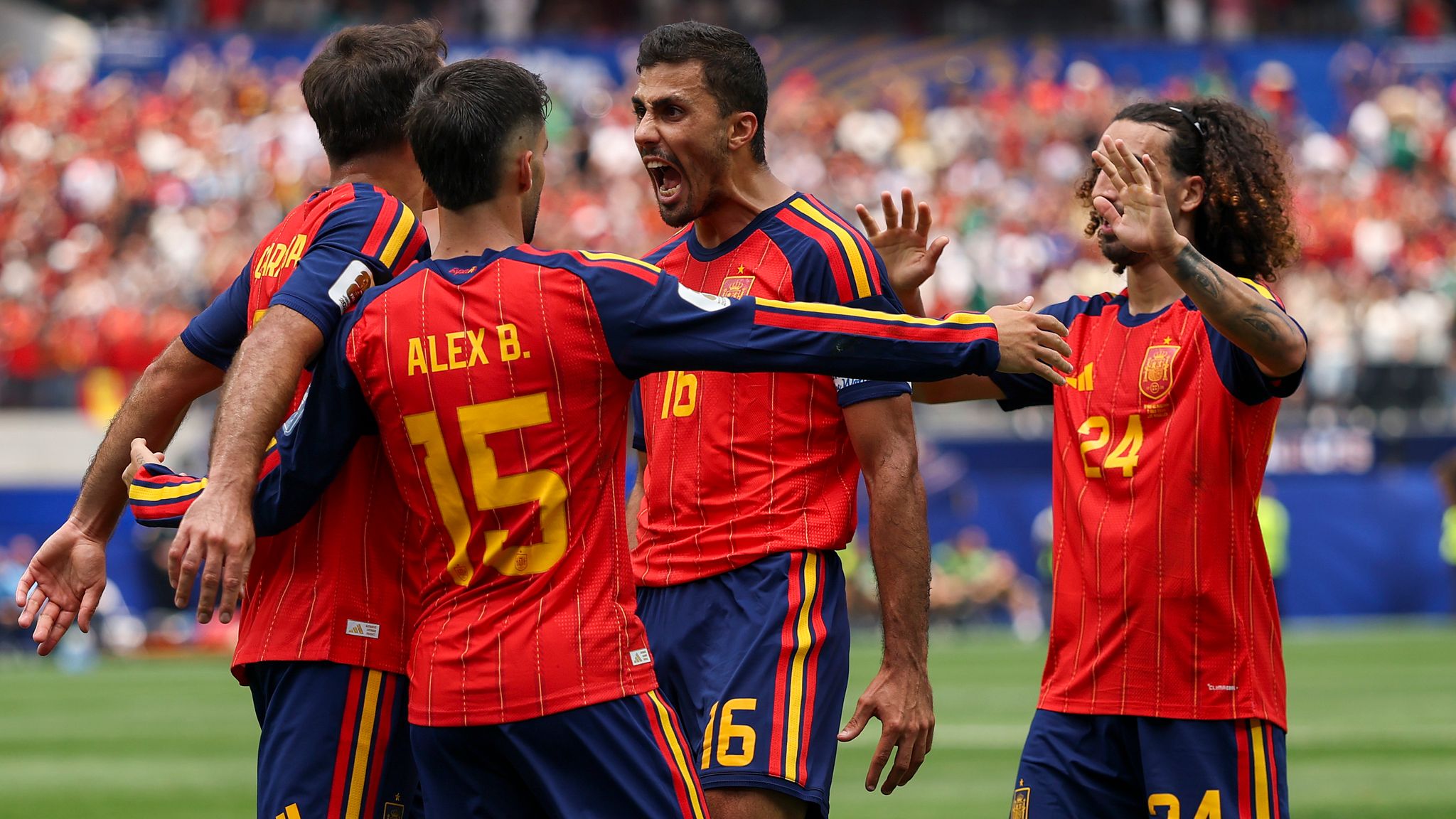 Mikel Oyarzabal celebrates after scoring for Spain against Austria at SoFi Stadium, FIFA World Cup 2026