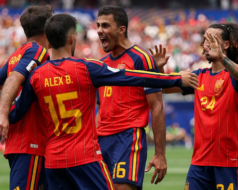Mikel Oyarzabal celebrates after scoring for Spain against Austria at SoFi Stadium, FIFA World Cup 2026