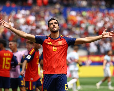 Mikel Merino celebrates his late winning goal for Spain against Belgium at the 2026 World Cup
