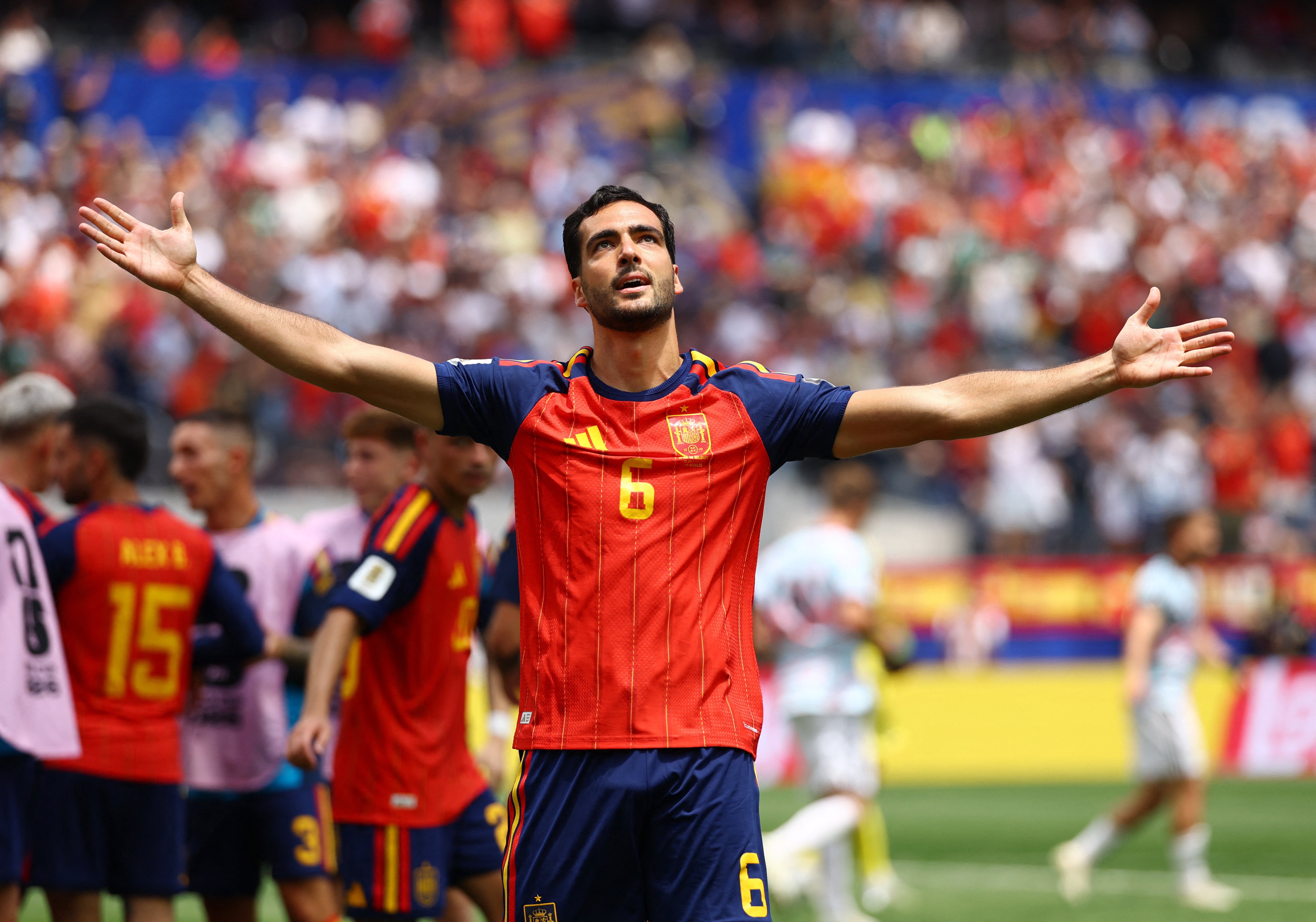 Mikel Merino celebrates his late winning goal for Spain against Belgium at the 2026 World Cup