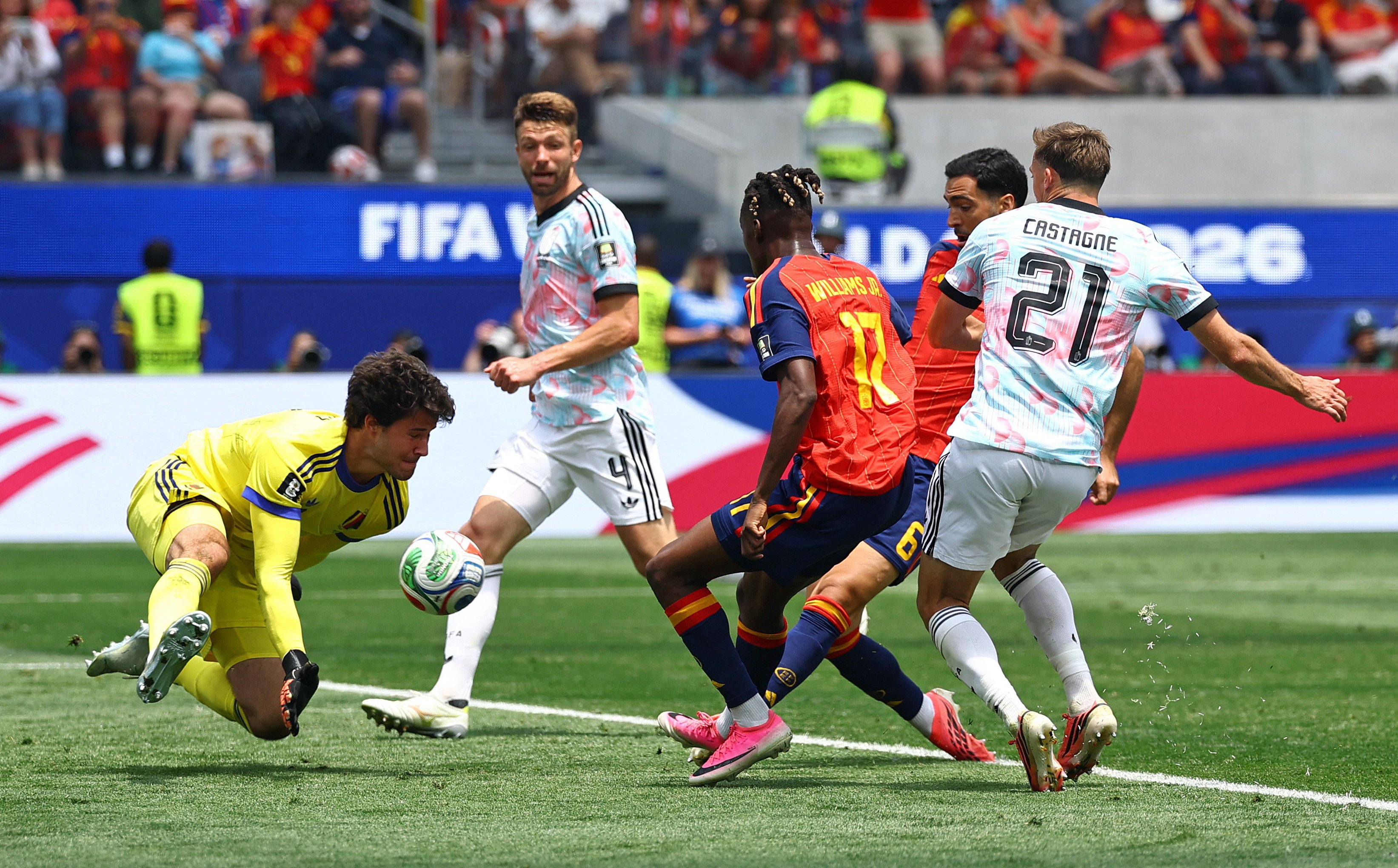 Mikel Merino pokes home the winning goal for Spain against Belgium at the 2026 World Cup quarterfinal