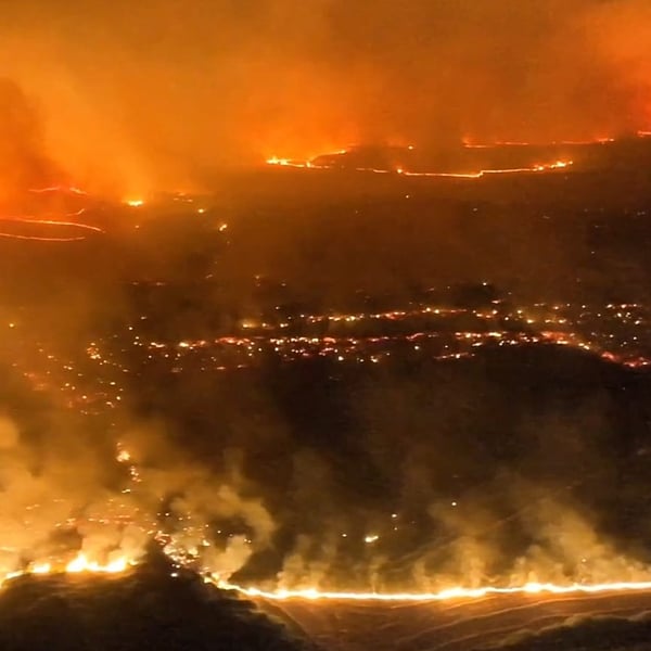 Night view of the Ores wildfire in Zaragoza province Spain burning through the night of July 18-19 2026