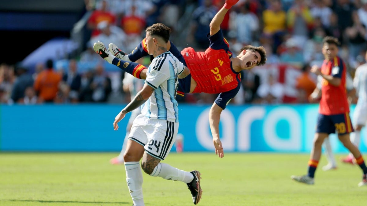 Ferran Torres celebrates Spain's 2026 World Cup Final victory over Argentina at MetLife Stadium