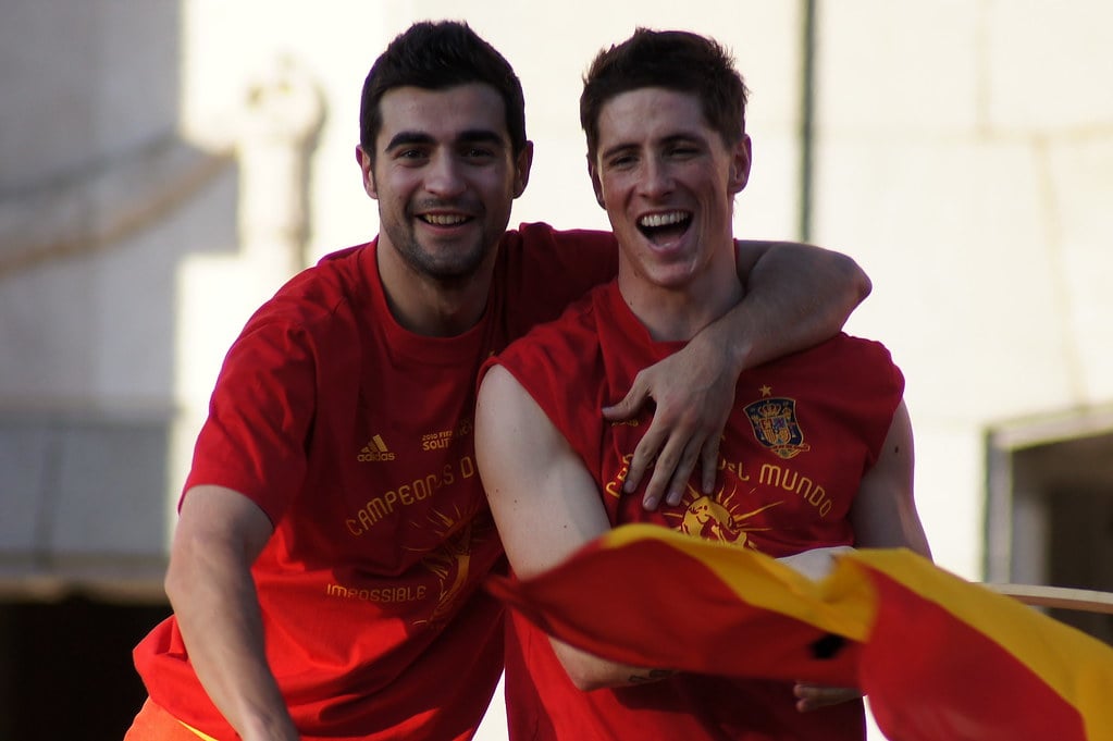 Thousands of Spain fans celebrating on the streets of Madrid during the World Cup victory parade