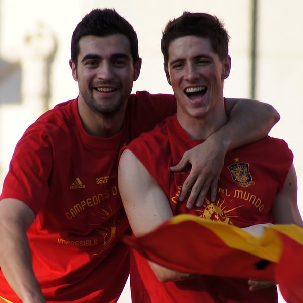 Thousands of Spain fans celebrating on the streets of Madrid during the World Cup victory parade