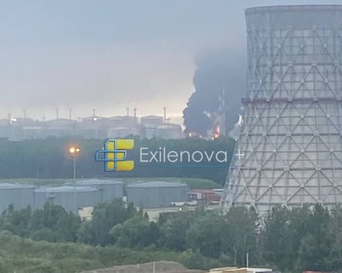 Black smoke rises from the St. Petersburg Oil Terminal after a Ukrainian drone strike on July 4, 2026