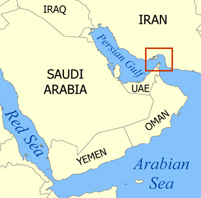 Map of the Strait of Hormuz showing the narrow shipping lane between Iran and Oman in the Persian Gulf