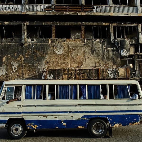 A bus drives past a destroyed hotel in Khartoum during Sudan's civil war