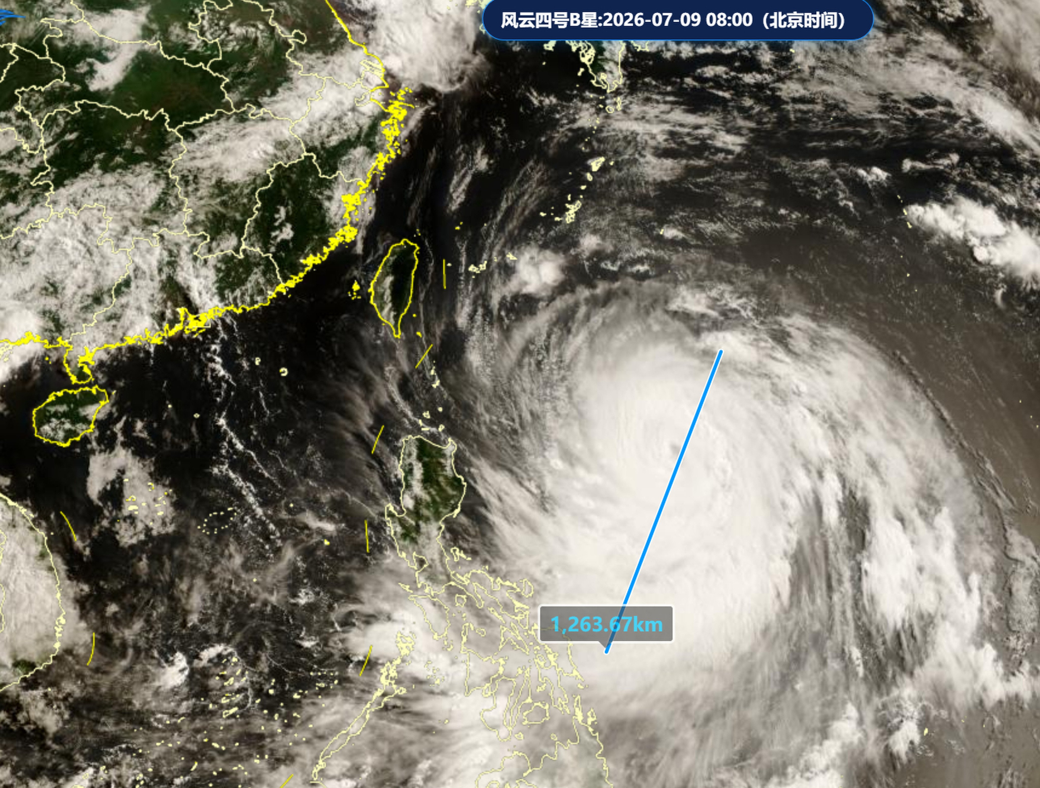 Satellite imagery showing Super Typhoon Bavi approaching eastern China's coast in July 2026