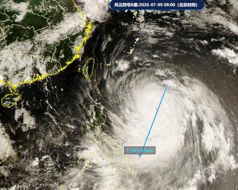 Satellite imagery showing Super Typhoon Bavi approaching eastern China's coast in July 2026