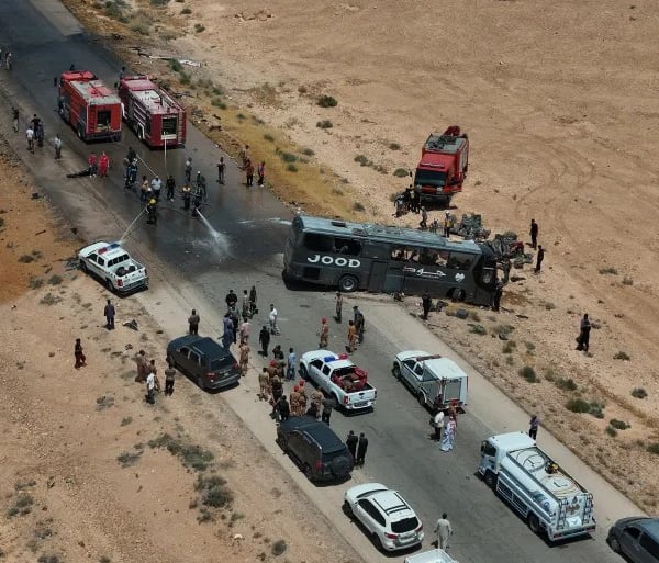 Damaged buses after fatal collision on Syria's Deir az-Zor to Damascus road near Palmyra