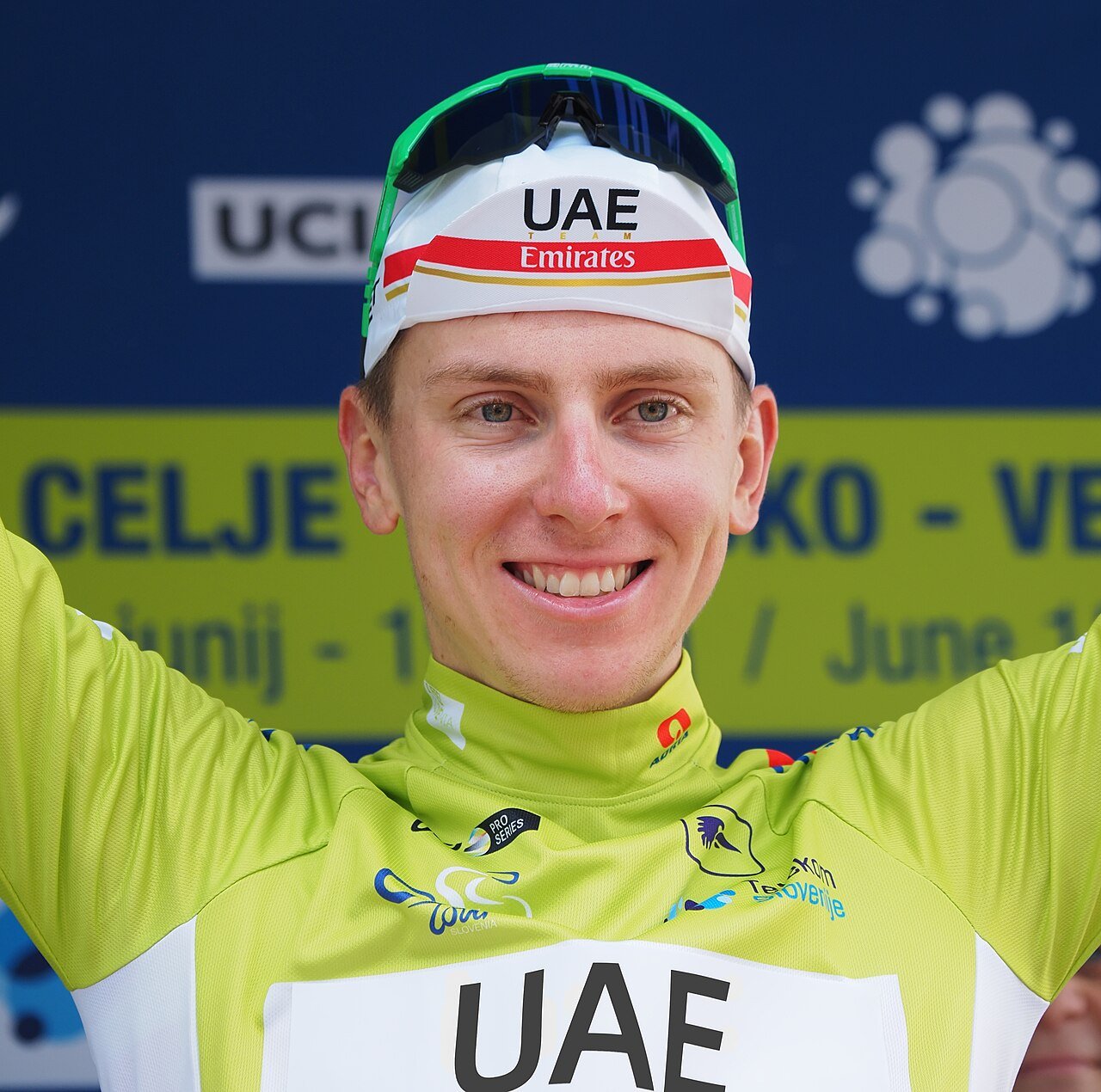 Tadej Pogacar celebrating a stage victory in cycling, Tour de France 2026