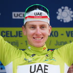 Tadej Pogacar celebrating a stage victory in cycling, Tour de France 2026