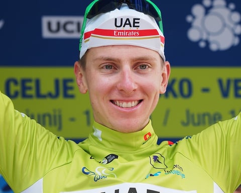 Tadej Pogacar celebrating a stage victory in cycling, Tour de France 2026