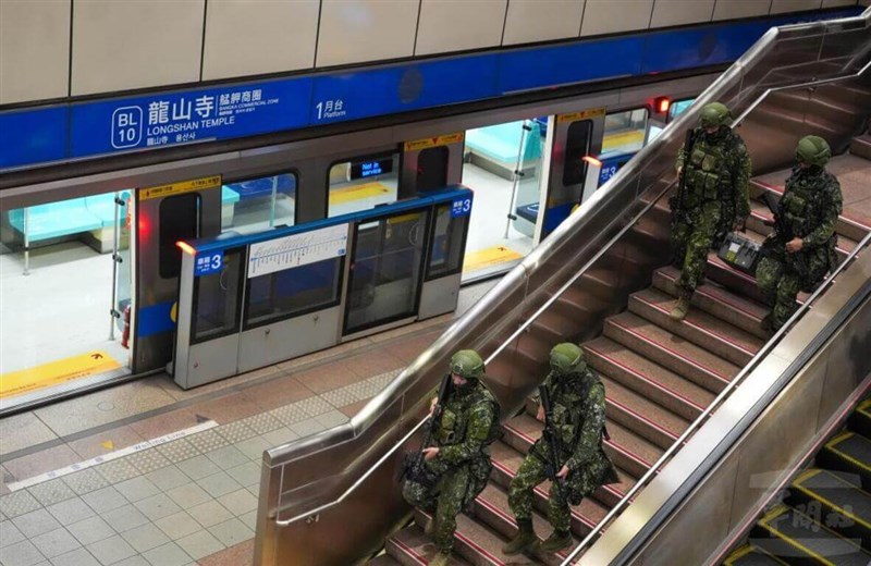 Taiwan soldiers conducting a military readiness drill inside Taipei's Longshan Temple metro station amid rising Chinese diplomatic pressure