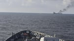 Oil tanker Marlin Luanda burning in the Gulf of Aden after Houthi missile attack