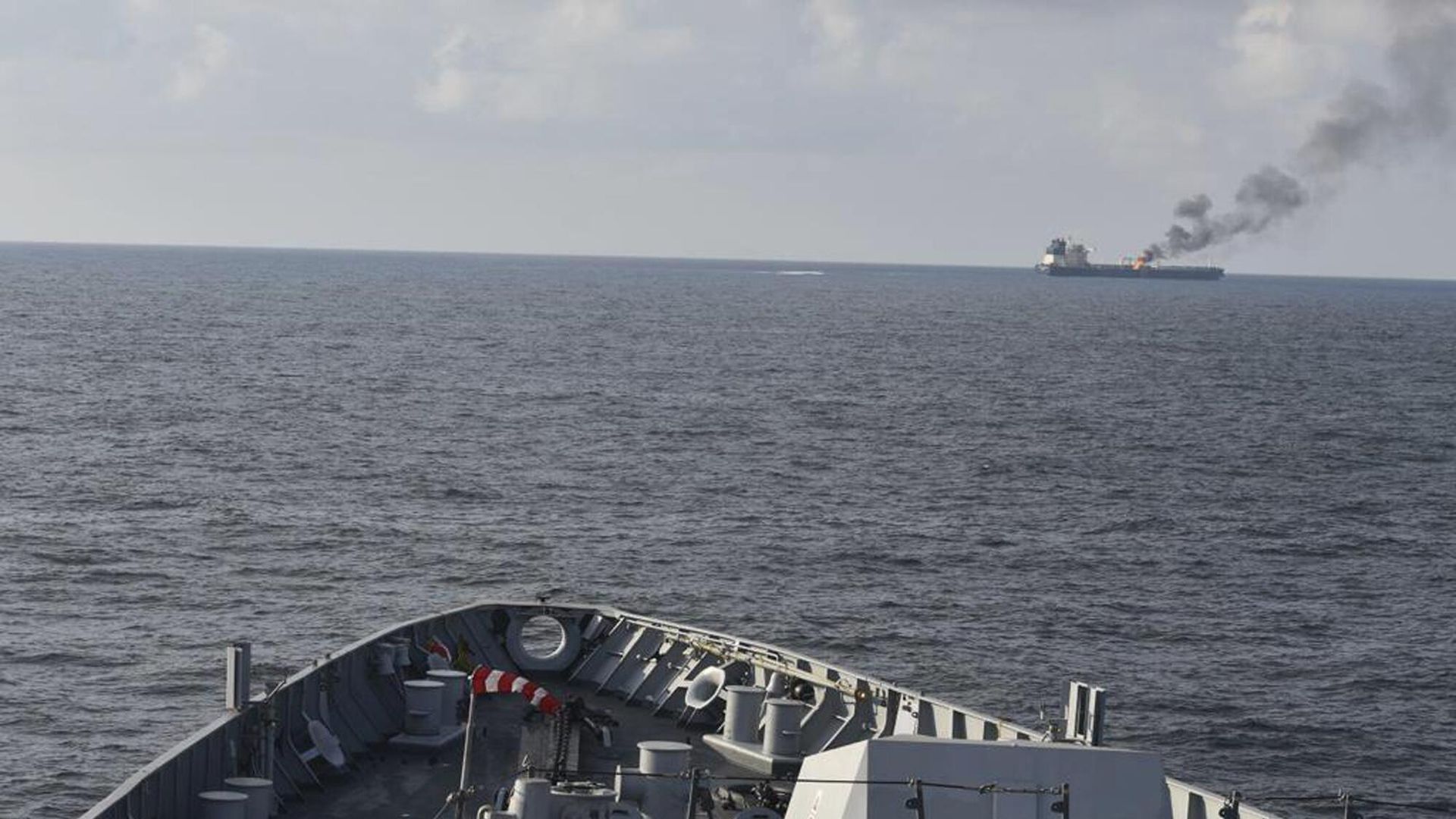 Oil tanker Marlin Luanda burning in the Gulf of Aden after Houthi missile attack