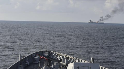 Oil tanker Marlin Luanda burning in the Gulf of Aden after Houthi missile attack