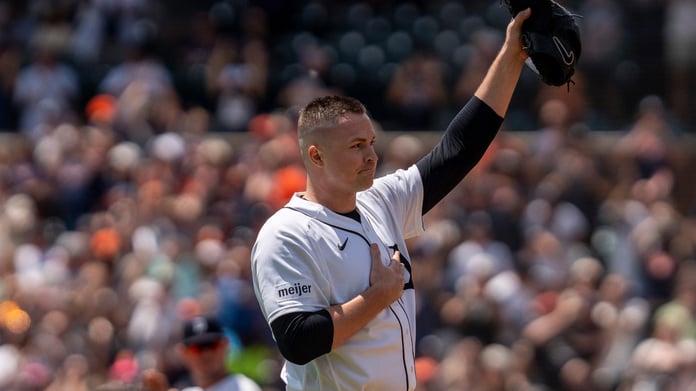 Tarik Skubal pitching for the Detroit Tigers at Comerica Park