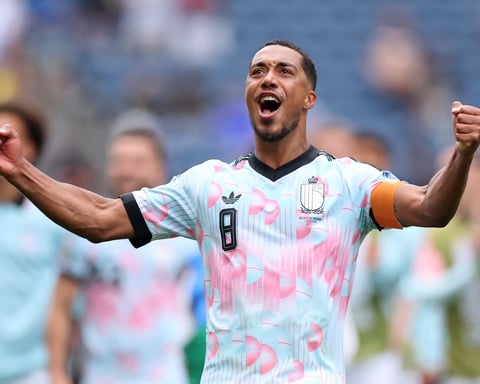 Youri Tielemans celebrates after scoring the latest winning goal in World Cup history against Senegal at Seattle Stadium