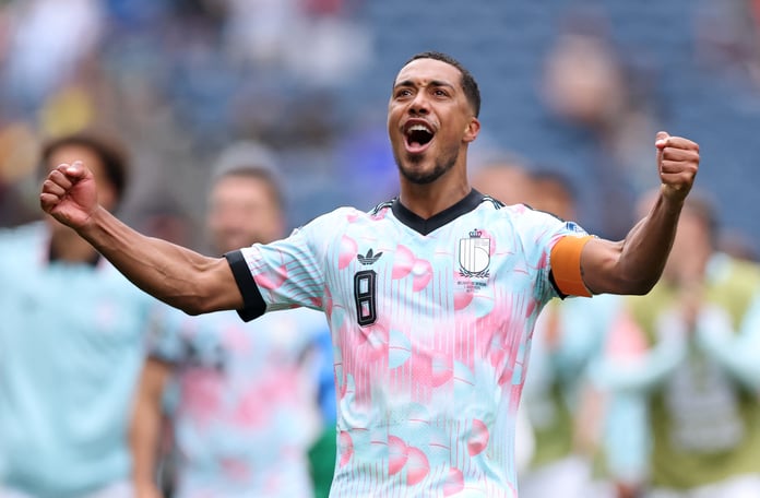Youri Tielemans celebrates after scoring the latest winning goal in World Cup history against Senegal at Seattle Stadium