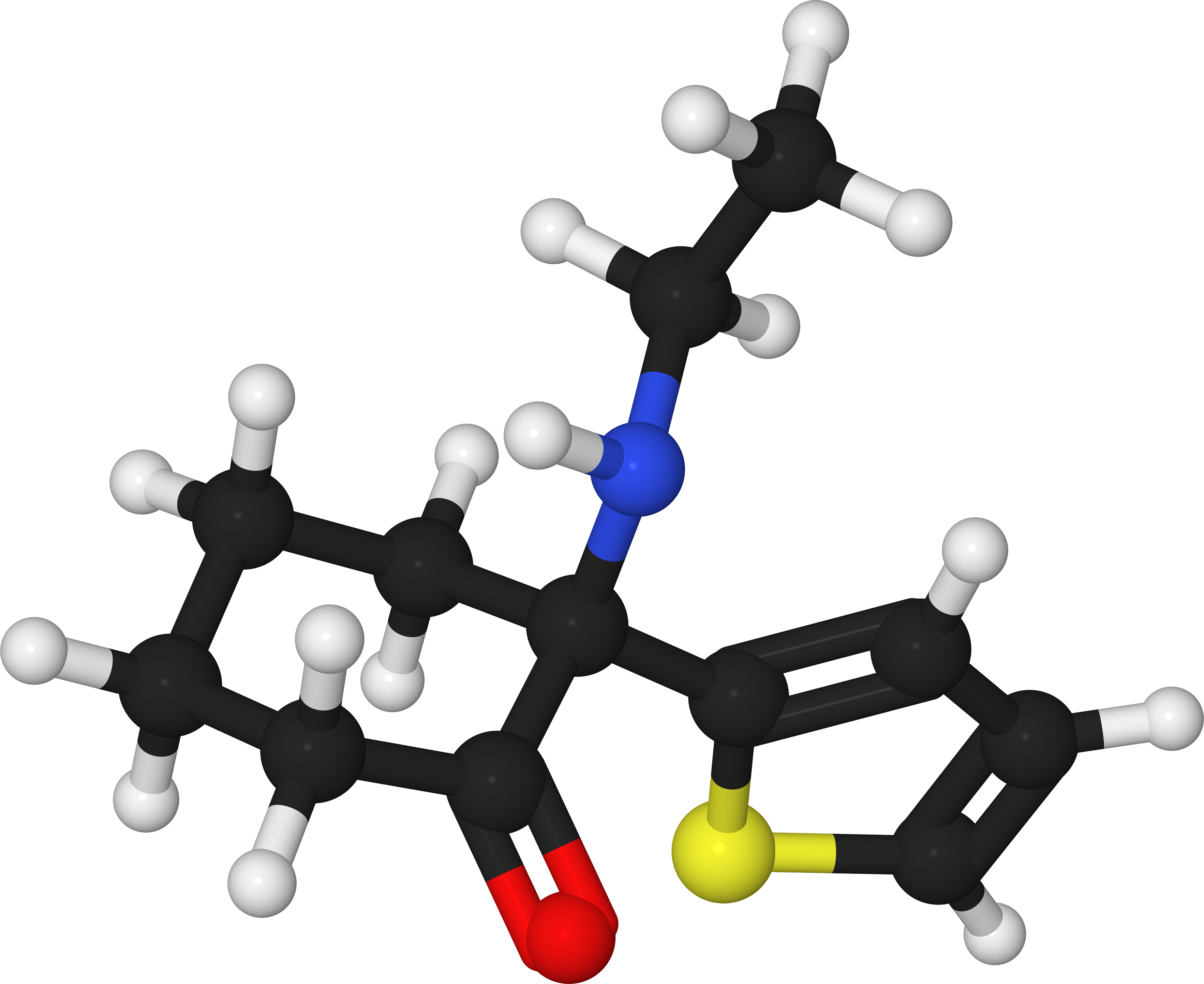 Ball-and-stick molecular model of tiletamine, a dissociative anaesthetic in the arylcyclohexylamine family closely related to ketamine