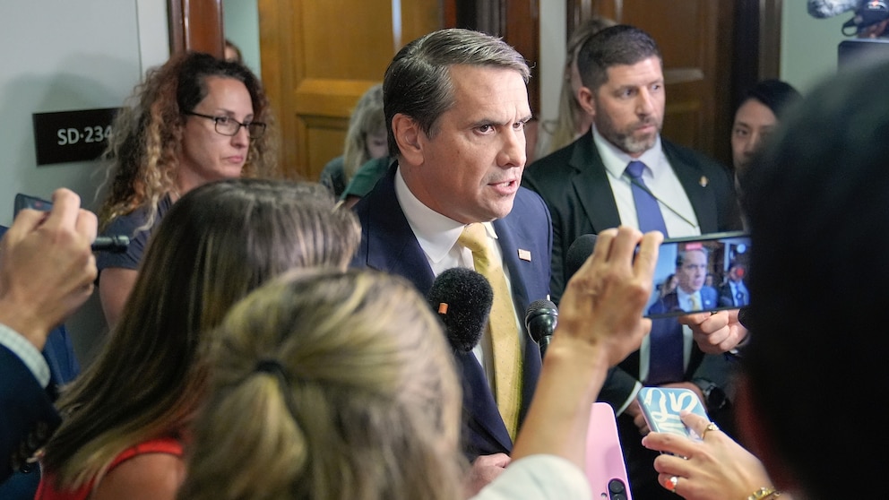 Acting Attorney General Todd Blanche speaks to reporters after meeting with Epstein survivors at the Justice Department