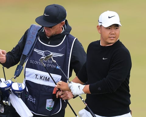 Tom Kim celebrates winning the Genesis Scottish Open at The Renaissance Club in North Berwick, Scotland