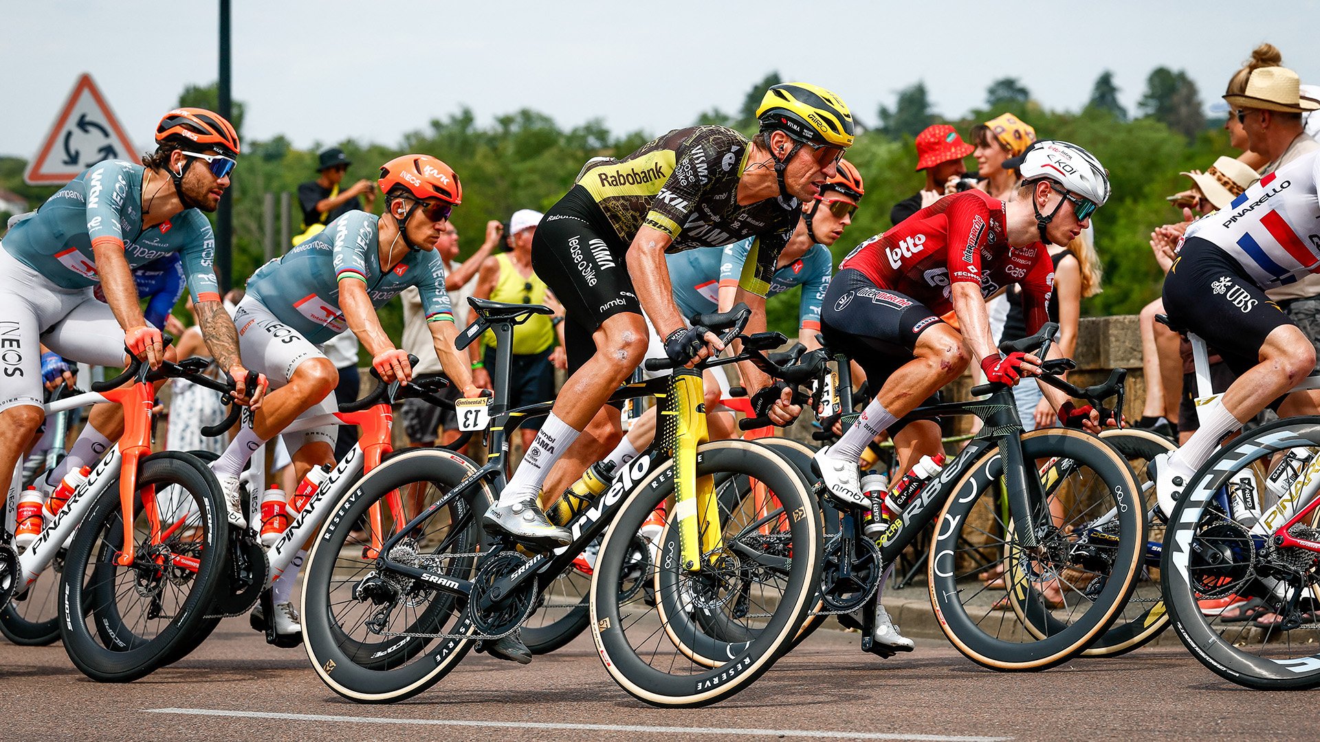 Riders in the peloton during the 2026 Tour de France mountain stages through the Vosges.