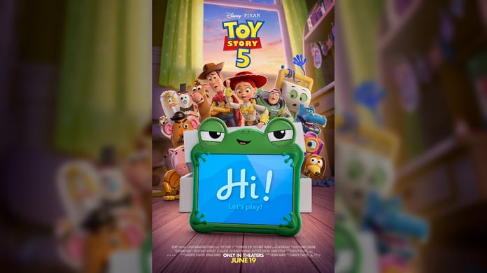 Toy Story 5 official payoff poster featuring Woody Buzz Lightyear and Jessie Disney Pixar 2026