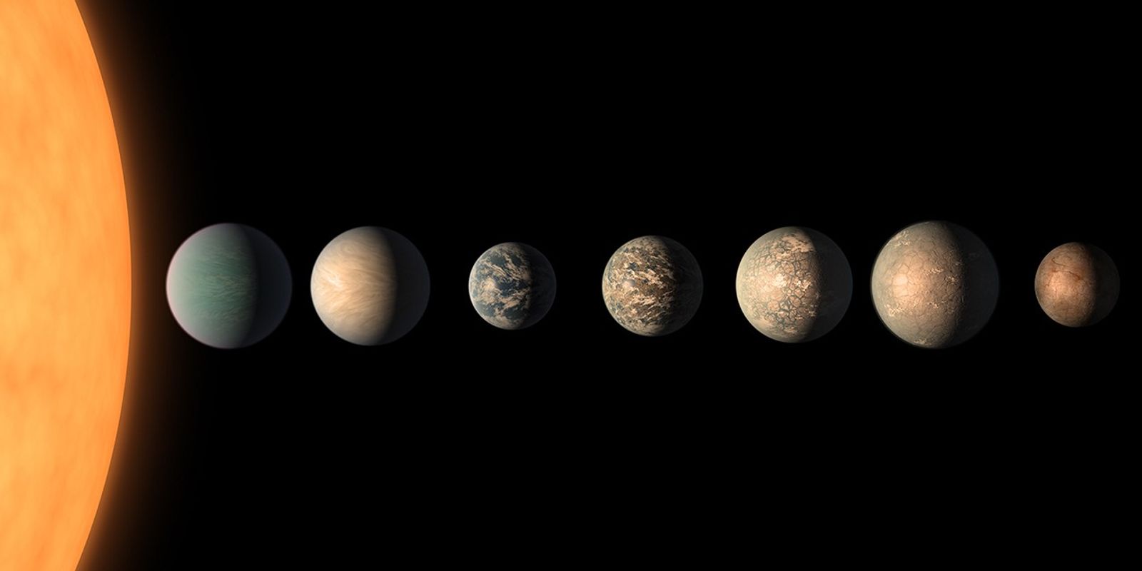 Illustration of the TRAPPIST-1 red dwarf planetary system, another example of rocky habitable-zone planets around a red dwarf star