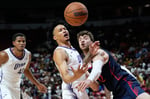 Trey Alexander of the Utah Jazz is stretchered off the court during NBA Summer League against the Chicago Bulls