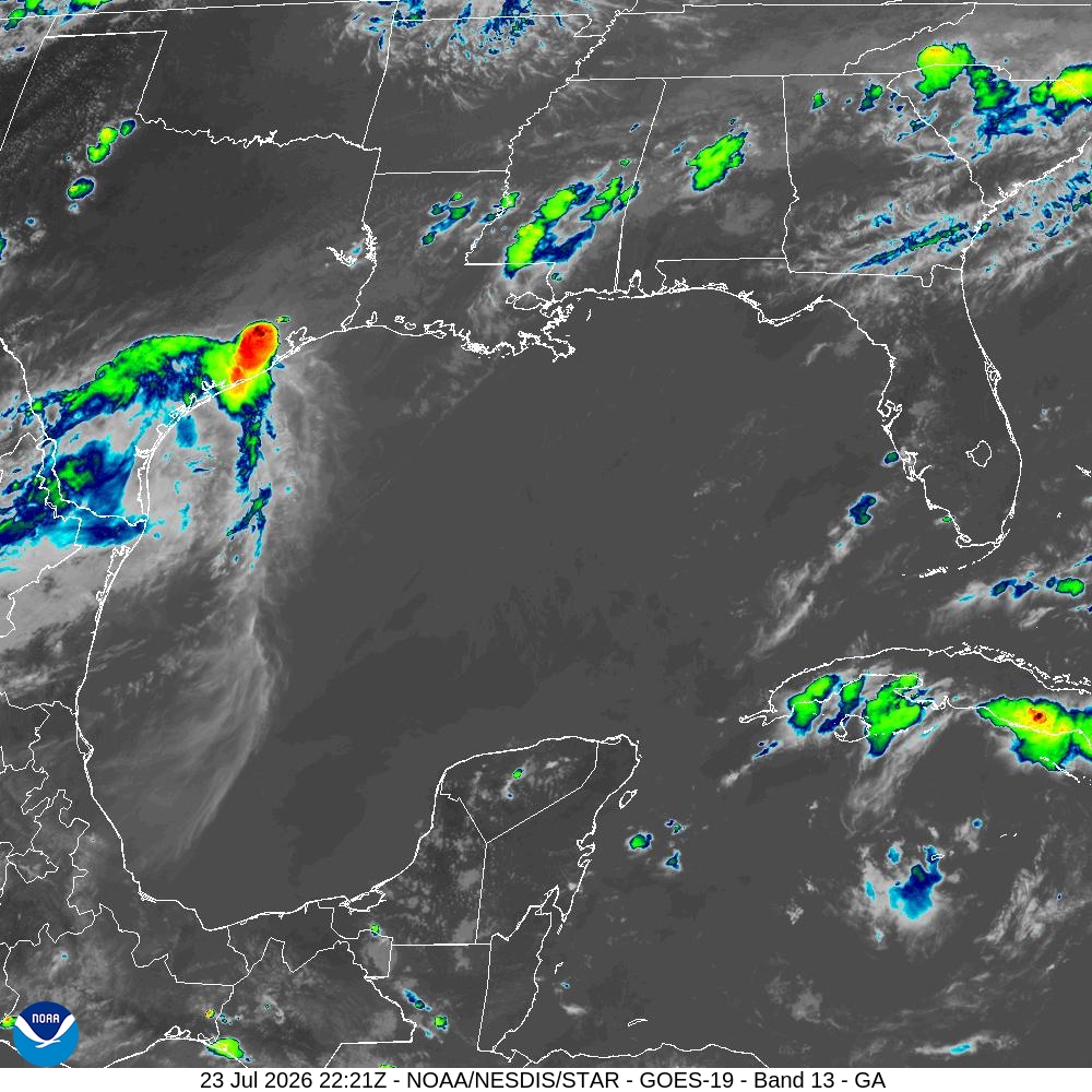 GOES-16 infrared satellite imagery of storm systems over the Gulf of Mexico July 2026