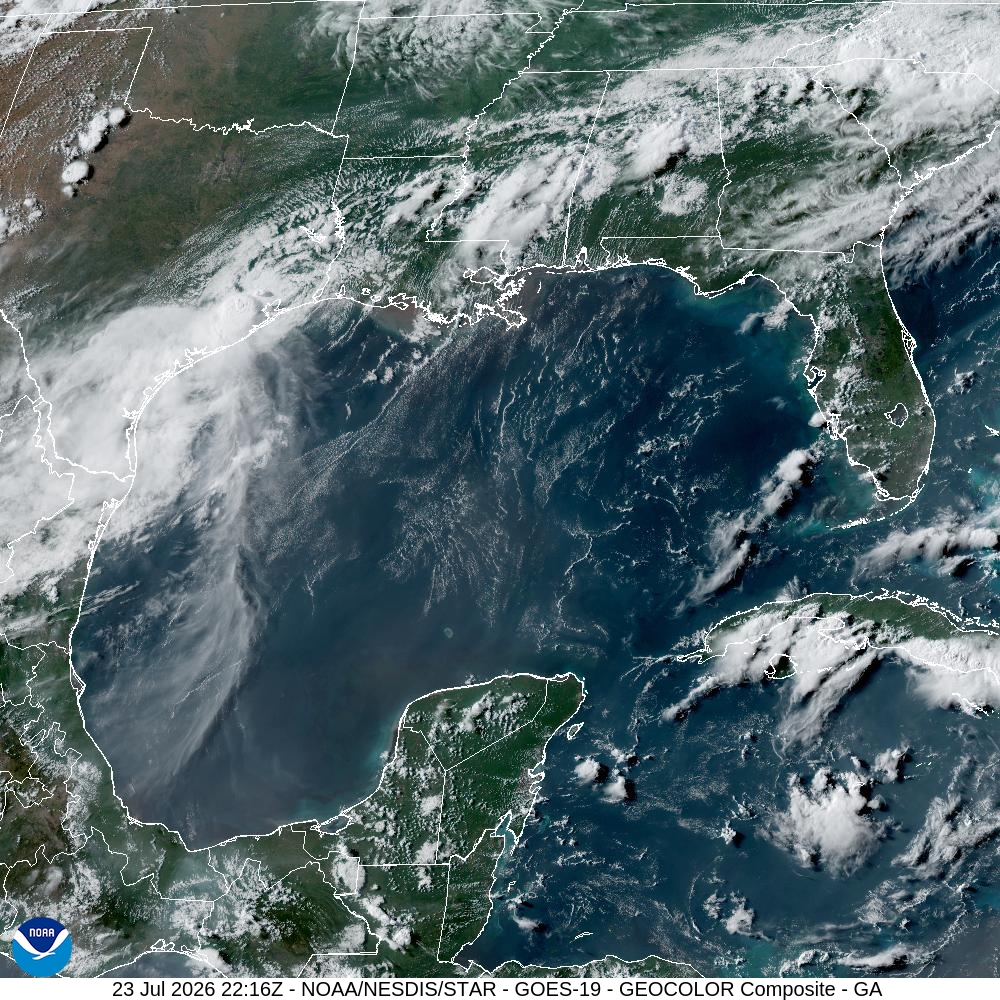 GOES-16 GeoColor satellite image showing Tropical Storm Bertha and the Gulf of Mexico
