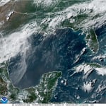 GOES-16 GeoColor satellite image showing Tropical Storm Bertha and the Gulf of Mexico