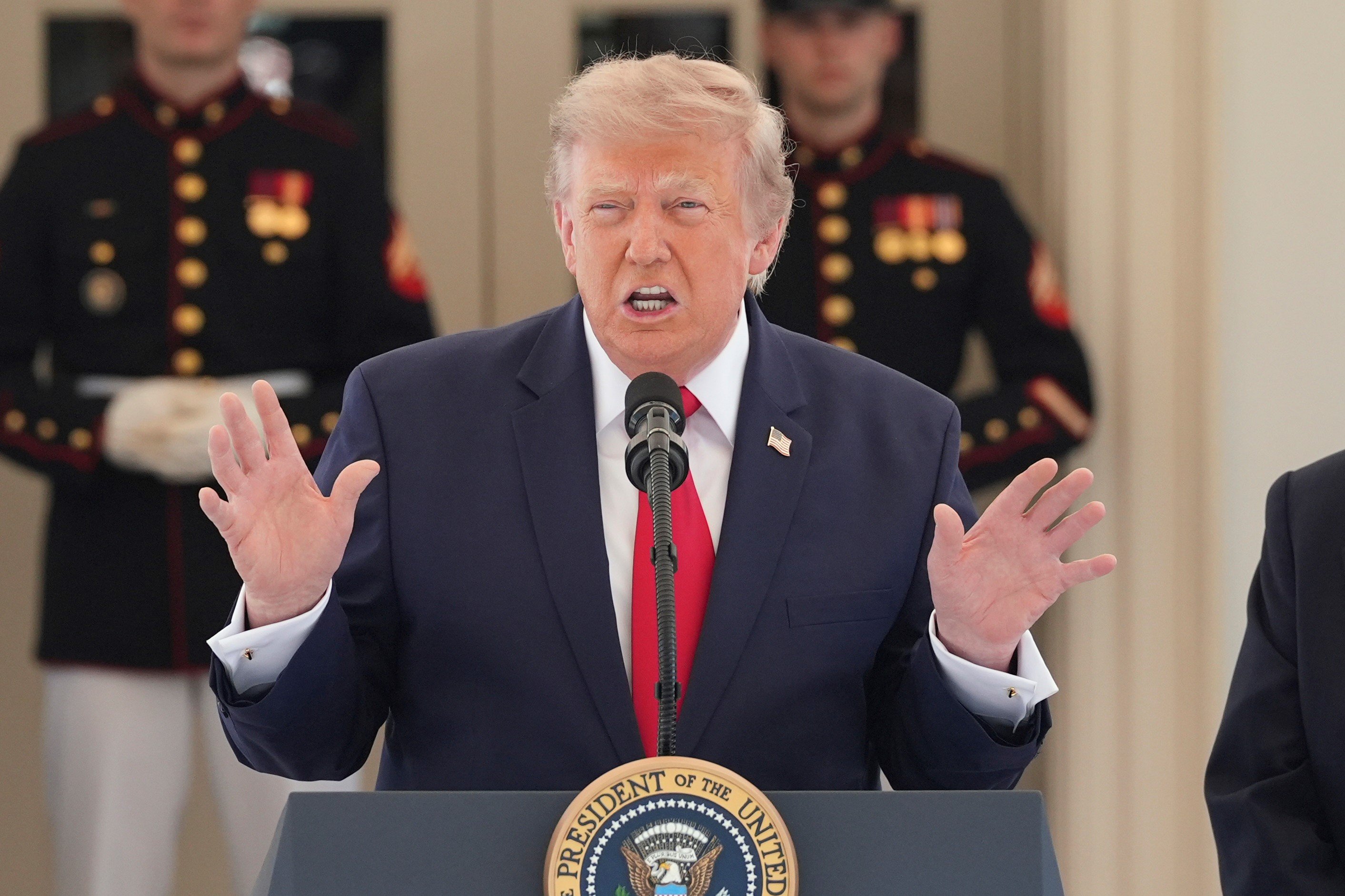 President Donald Trump speaks at the White House during a Freedom 250 Grand Prix auto race event, July 13, 2026