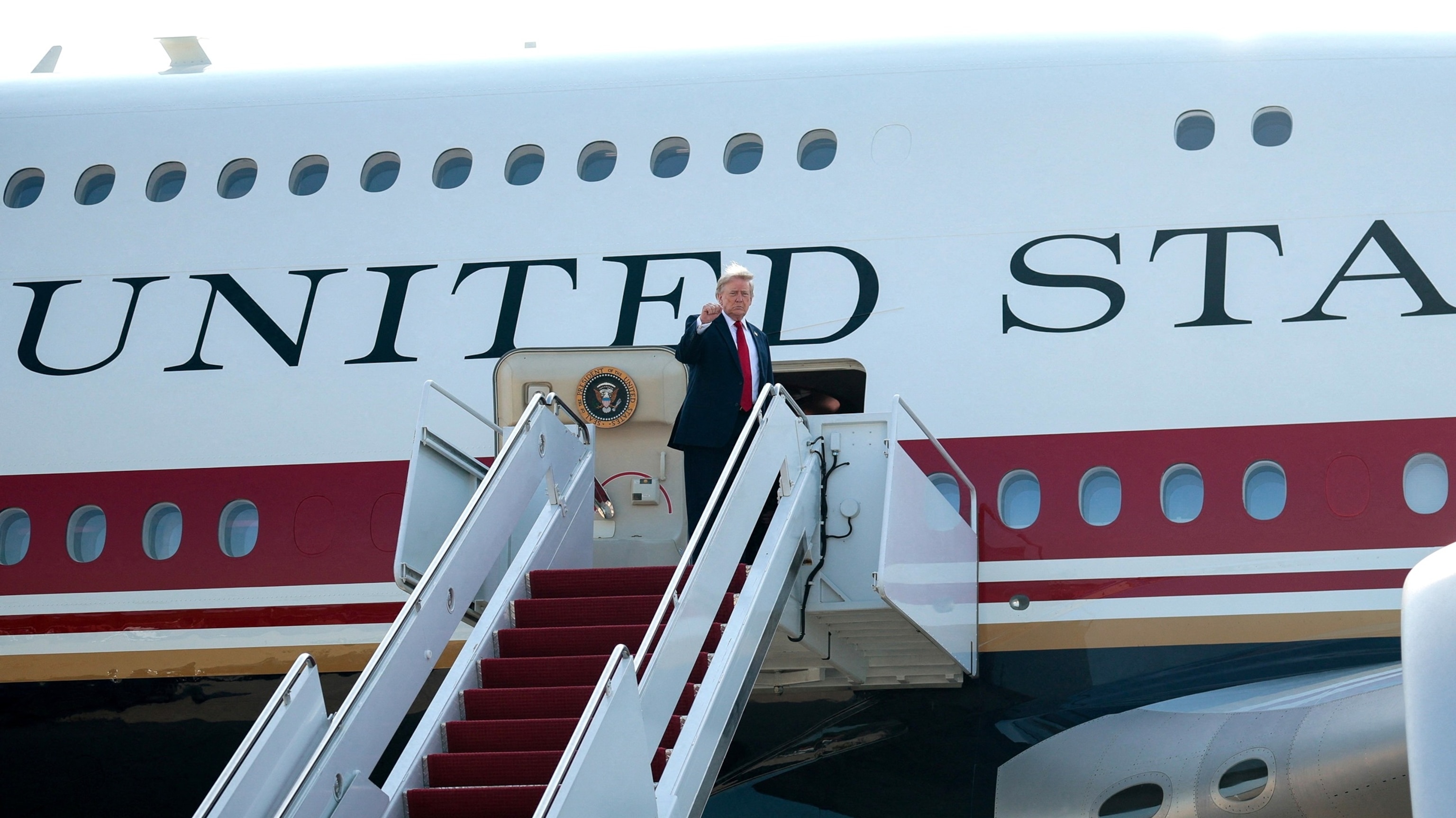President Donald Trump boards the Qatar-gifted Boeing 747-8 Air Force One for its inaugural presidential flight in July 2026