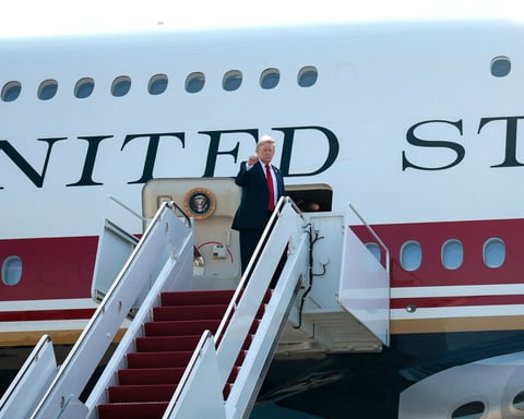 President Donald Trump boards the Qatar-gifted Boeing 747-8 Air Force One for its inaugural presidential flight in July 2026