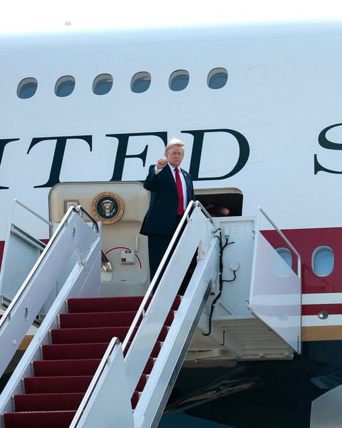 President Donald Trump boards the Qatar-gifted Boeing 747-8 Air Force One for its inaugural presidential flight in July 2026