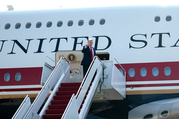 President Donald Trump boards the Qatar-gifted Boeing 747-8 Air Force One for its inaugural presidential flight in July 2026