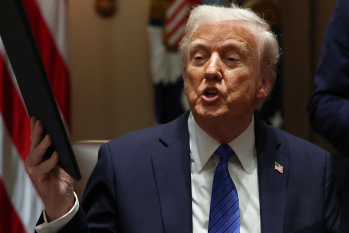 Donald Trump gestures during address as Senate Republicans debate SAVE America Act and August recess