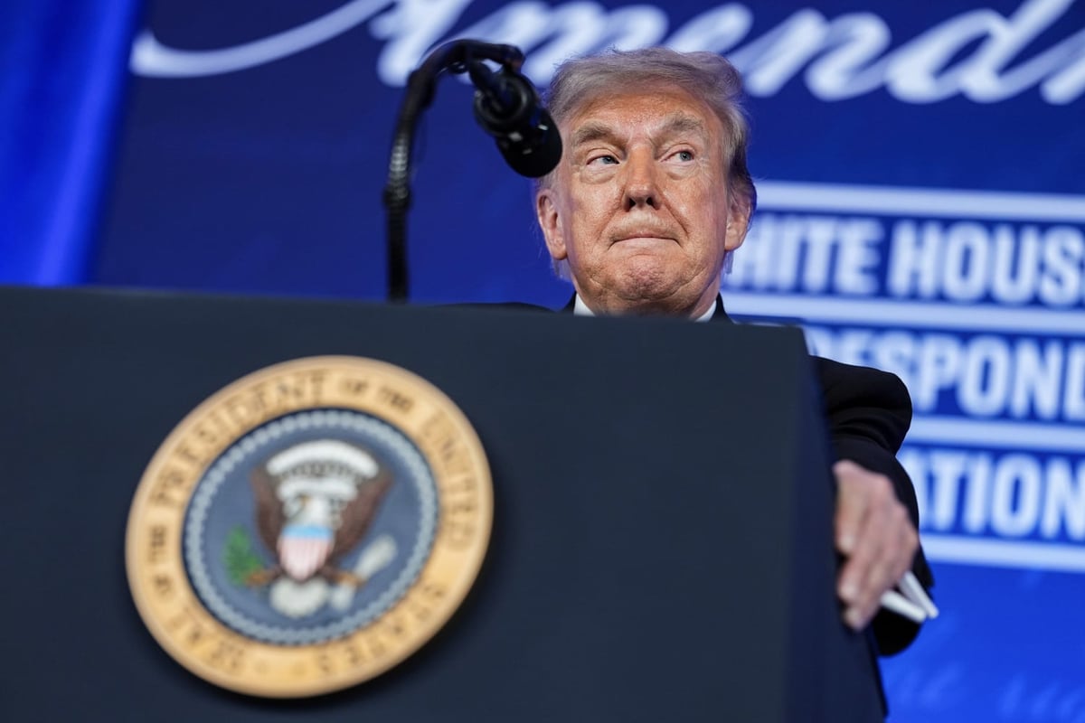 Donald Trump speaking at the podium at the rescheduled White House Correspondents Dinner 2026 at the Waldorf Astoria