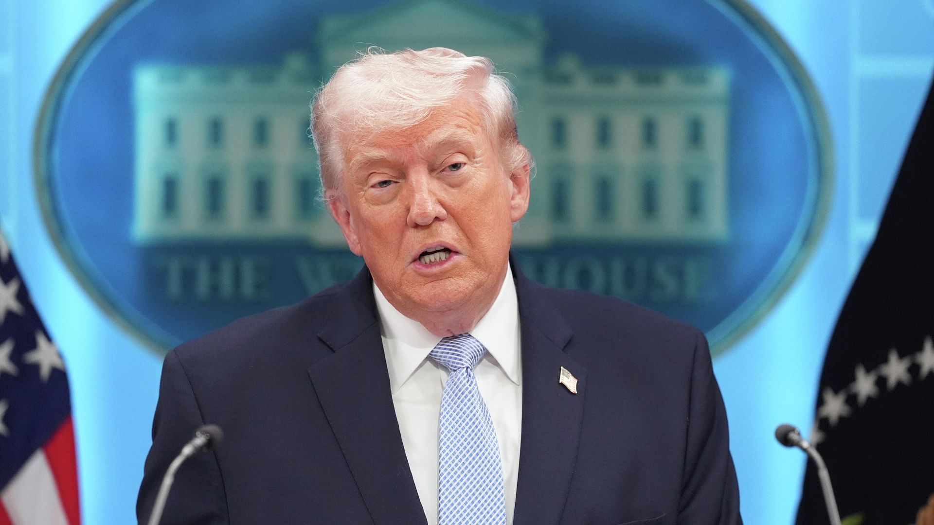 President Donald Trump speaks with reporters in the James Brady Press Briefing Room at the White House