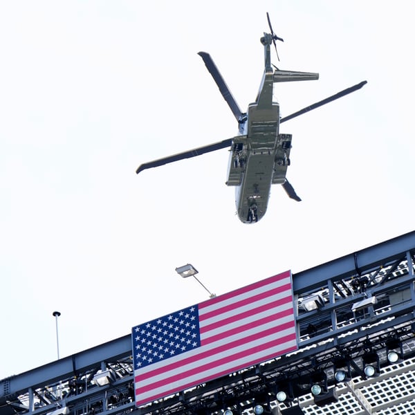 US President Trump arrives at MetLife Stadium aboard Marine One for the 2026 FIFA World Cup Final