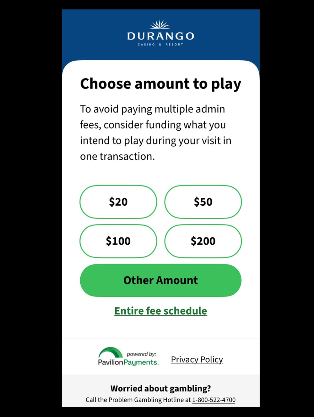 Apple Pay amount selection screen on iPhone for TrustedTap slot machine funding at Station Casinos Las Vegas
