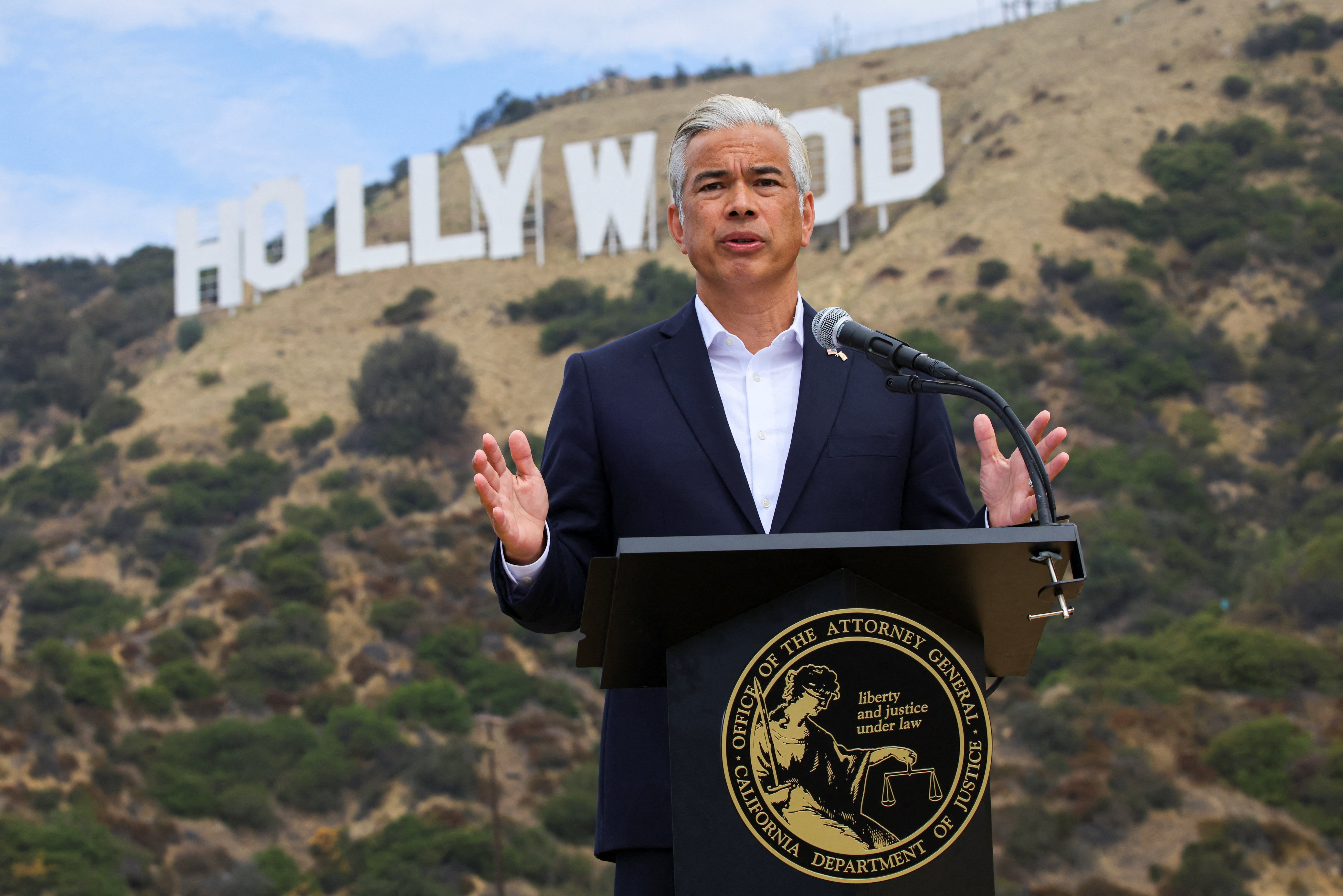 California Attorney General Rob Bonta at a press conference announcing a 12-state antitrust lawsuit against the Paramount-Warner Bros. Discovery merger